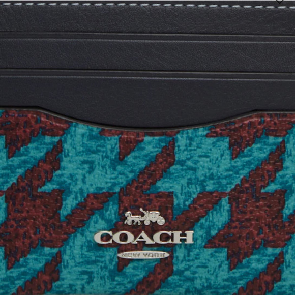 Coach Slim ID Card Case w/Houndstooth Print Teal/Wine/Silver, NWT - Picture 4 of 8